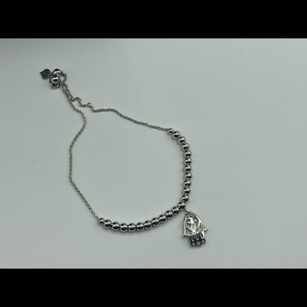 Silver Hand of Hamsa Adjustable Bracelet 9.25 in with Silver beads - Picture 3 of 4